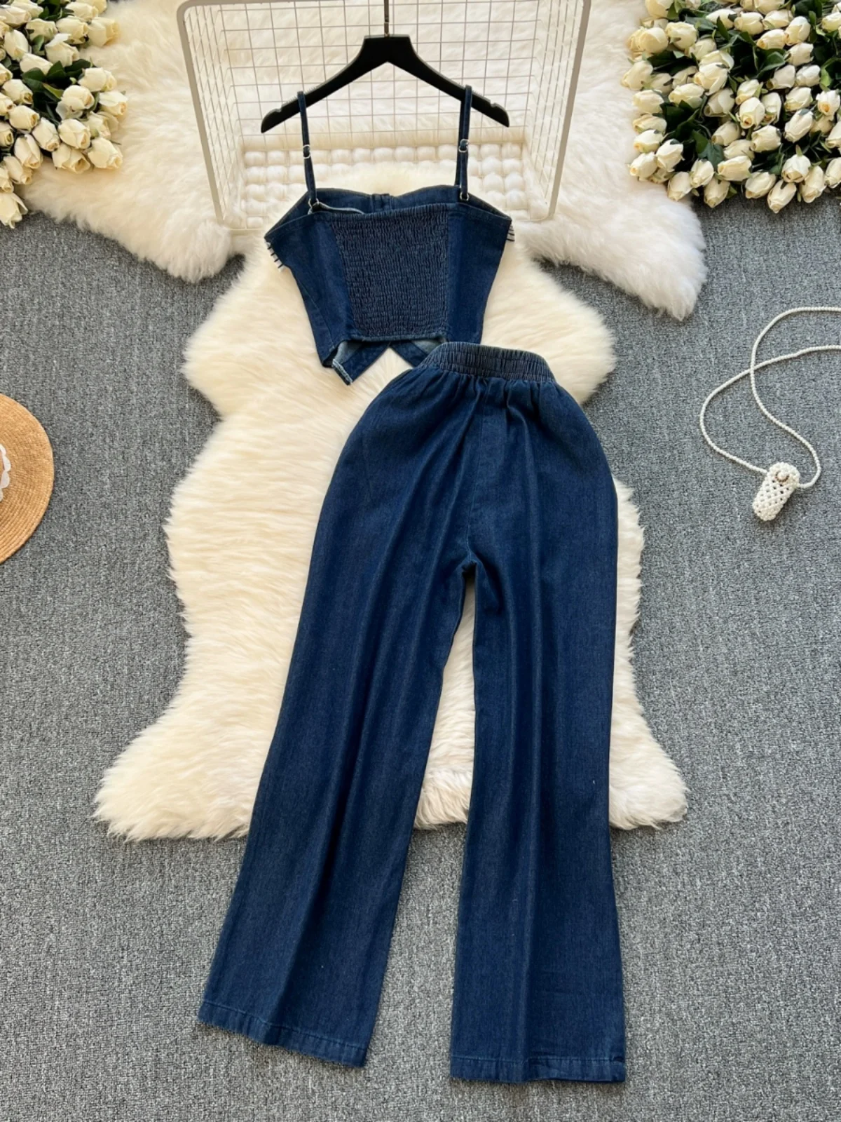 

Шикарный женский джинсовый комплект в стиле ретро, гонконгский укороченный топ в полоску и широкие брюки, модный универсальный наряд из двух предметов