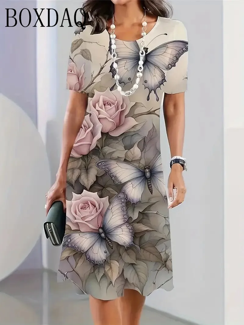 Plus Size Summer Women Dress Elegant Sweet Butterfly Print Short Sleeve Loose A-Line Dress XL 7XL 8XL 9XL Big Size Woman Dresses