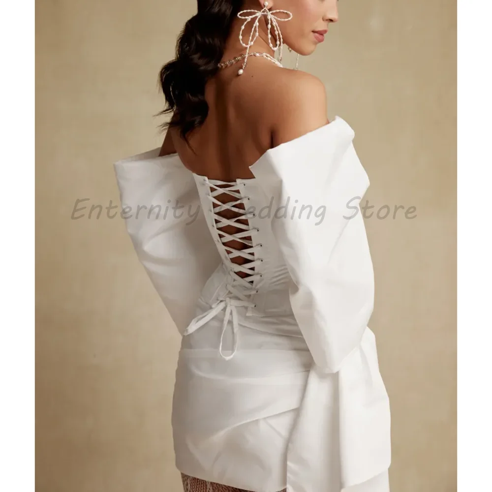 White Strapless Short Wedding Dress with Oversized Bow Detail Ruched Satin Mini Bridal Gown with Train