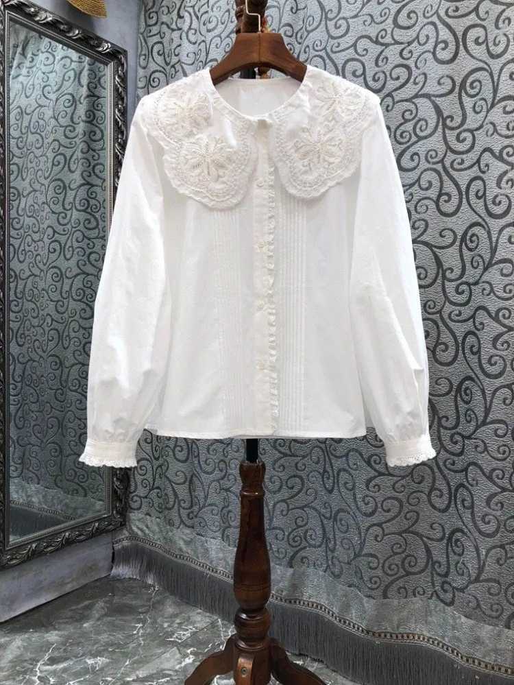 

100%Cotton Shirts 2023 Spring Summer Blouses Women Peter Pan Collar Embroidery Beading Deco Long Sleeve Casual White Shirts