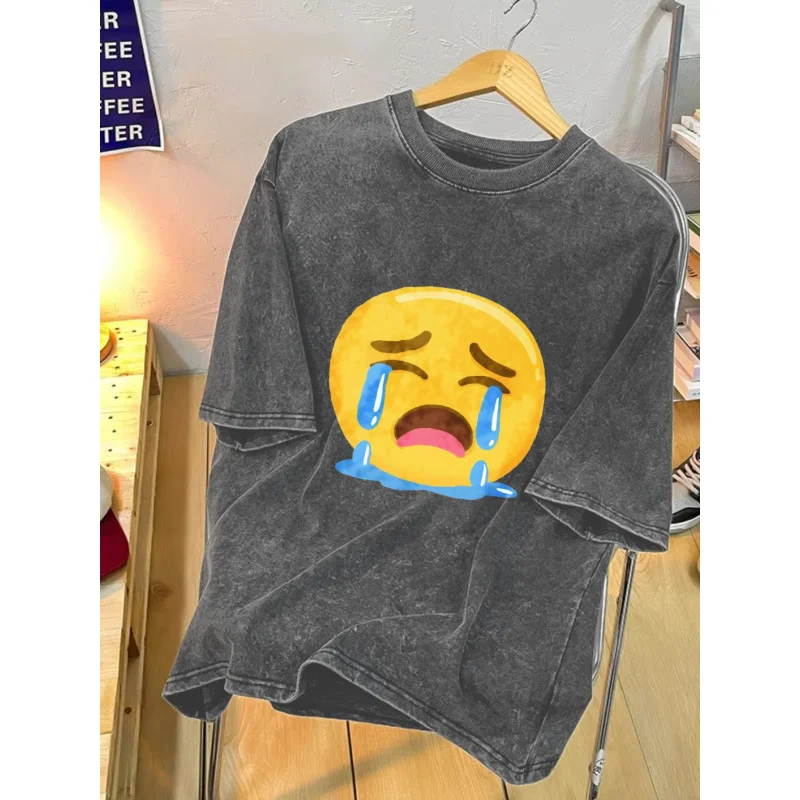 

Мужская стираная футболка темно-серого цвета с принтом «Глачущий Emoji», высокое качество, 100% хлопок, 230 г