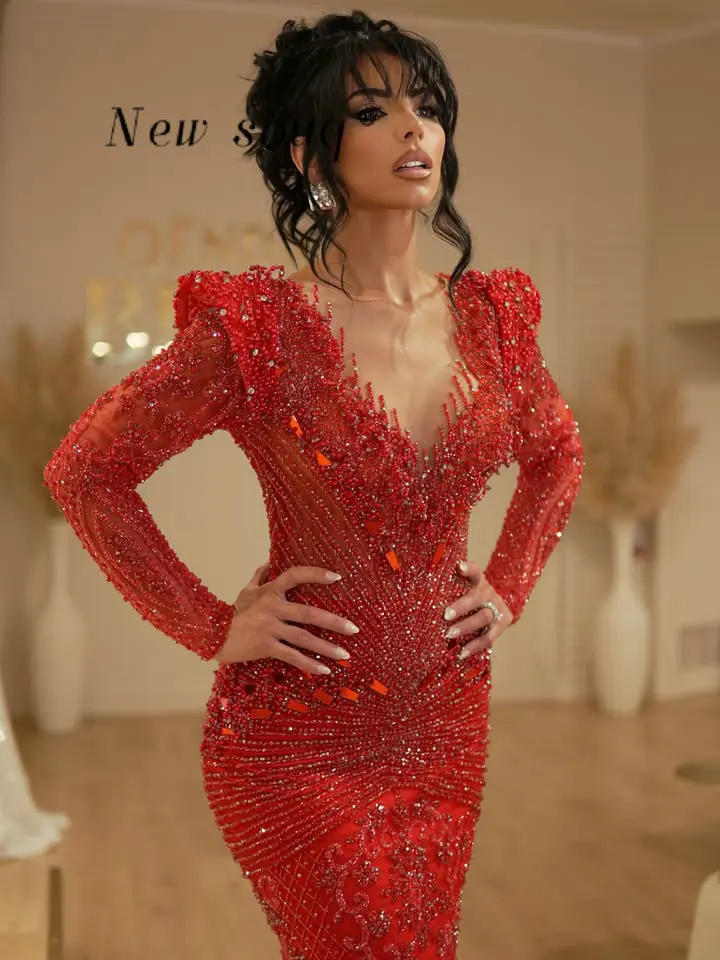 Glitter Red Beaded V Neck Long Sleeves Evening Dresses Customized Mermaid Vestidos De Soiree Arabic Formal Wedding Prom Gowns