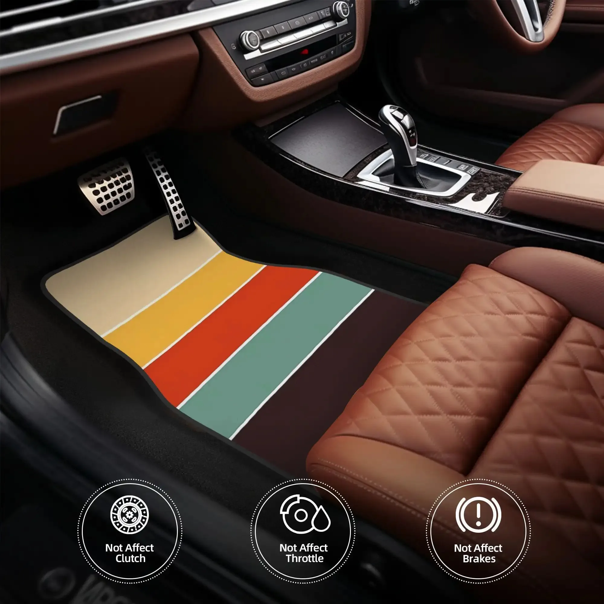 

4pcs Retro 70s Car Floor Mats - Non-Slip, Easy-Clean, Fit For All Vehicles, /Brown/Orange - Durable Polyester Interior Decor, Pe