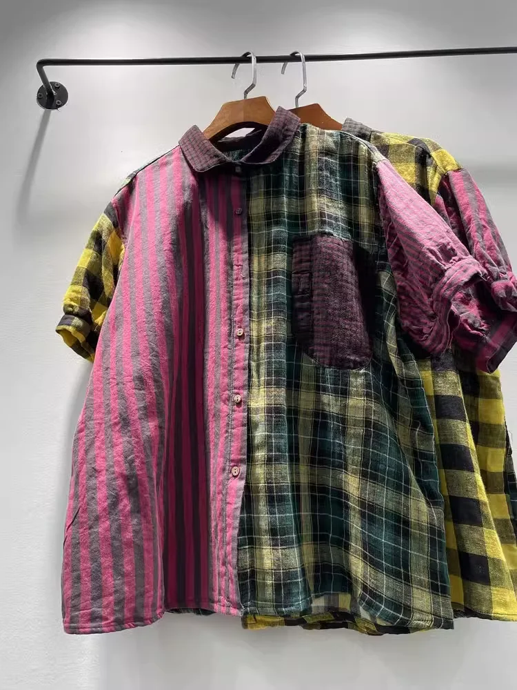 2025 하라주쿠 패션 면사 줄무늬 격자 무늬 패치 워크 셔츠와 여성용 블라우스 일본 스타일 반소매 체크 셔츠