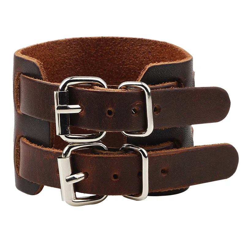 Punk Unisex Wide Genuine Leather Bracelet Double Buckle Mens Womens Wrap Bracelet 2022 New Fashion Jewelry