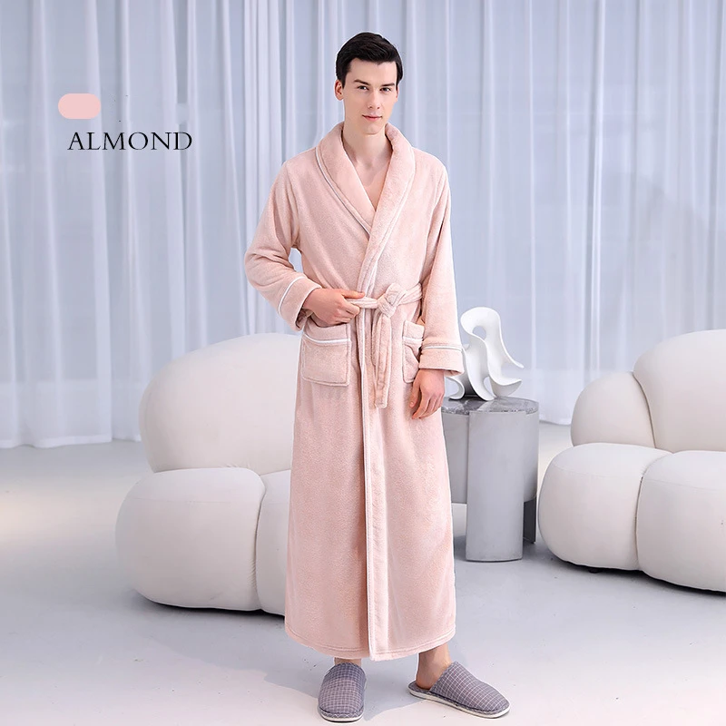 Super Long Thick Warm Flannel Bathrobe Large Lapel Ankle Length Coral Fleece Bath Robes Women Soft Dressing Gown Lovers Winter