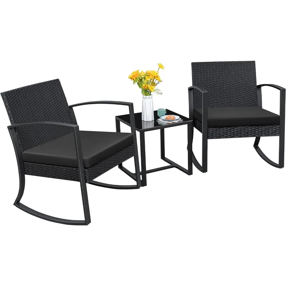 3 Piece Resin Outdoor Bistro Set Rocking Patio Chairs with Cushions and Table, Garden Furniture Sets