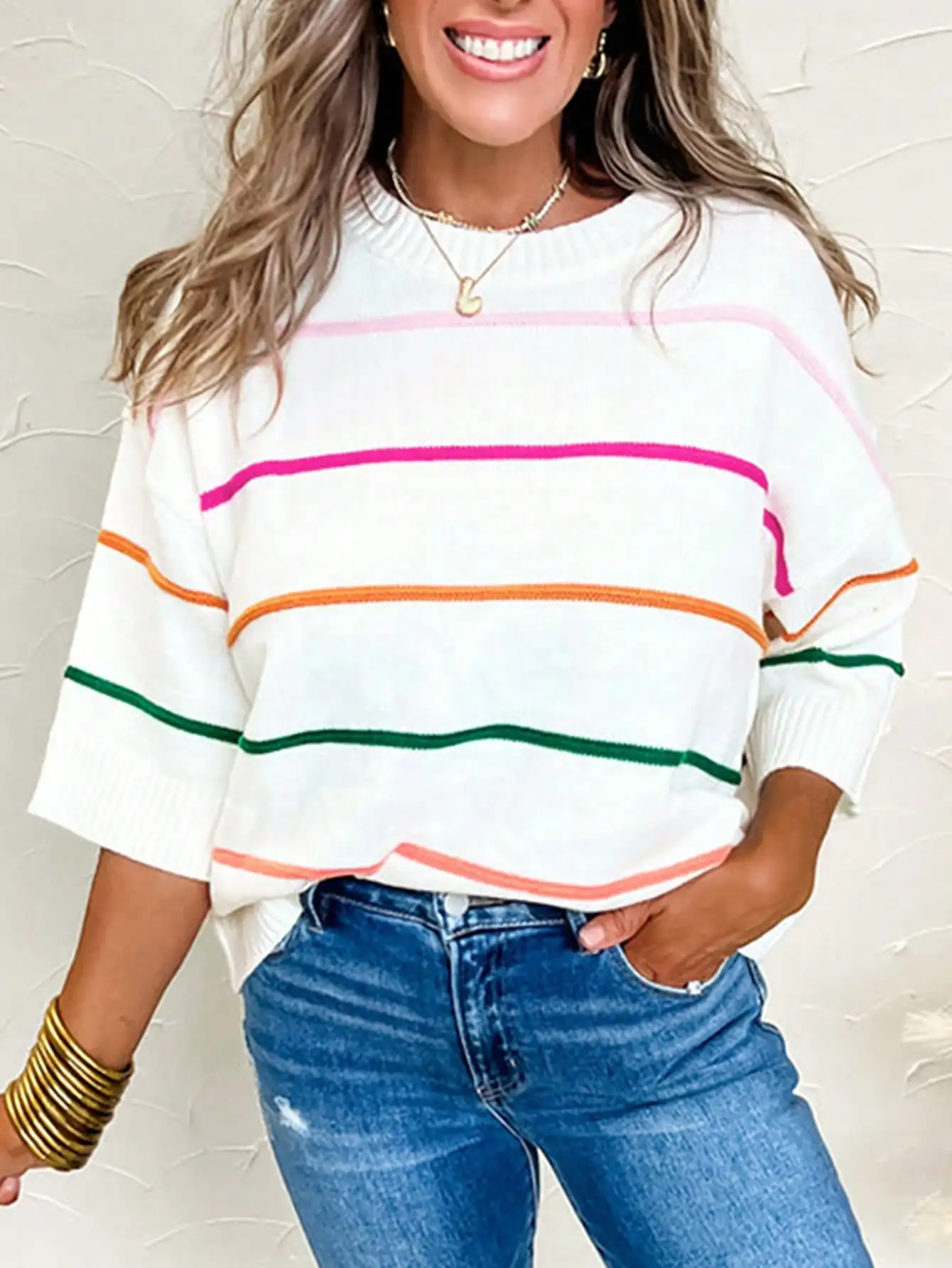 

Повседневный трикотажный топ в полоску с рукавами 3/4 и ребристым воротником для всех сезонов