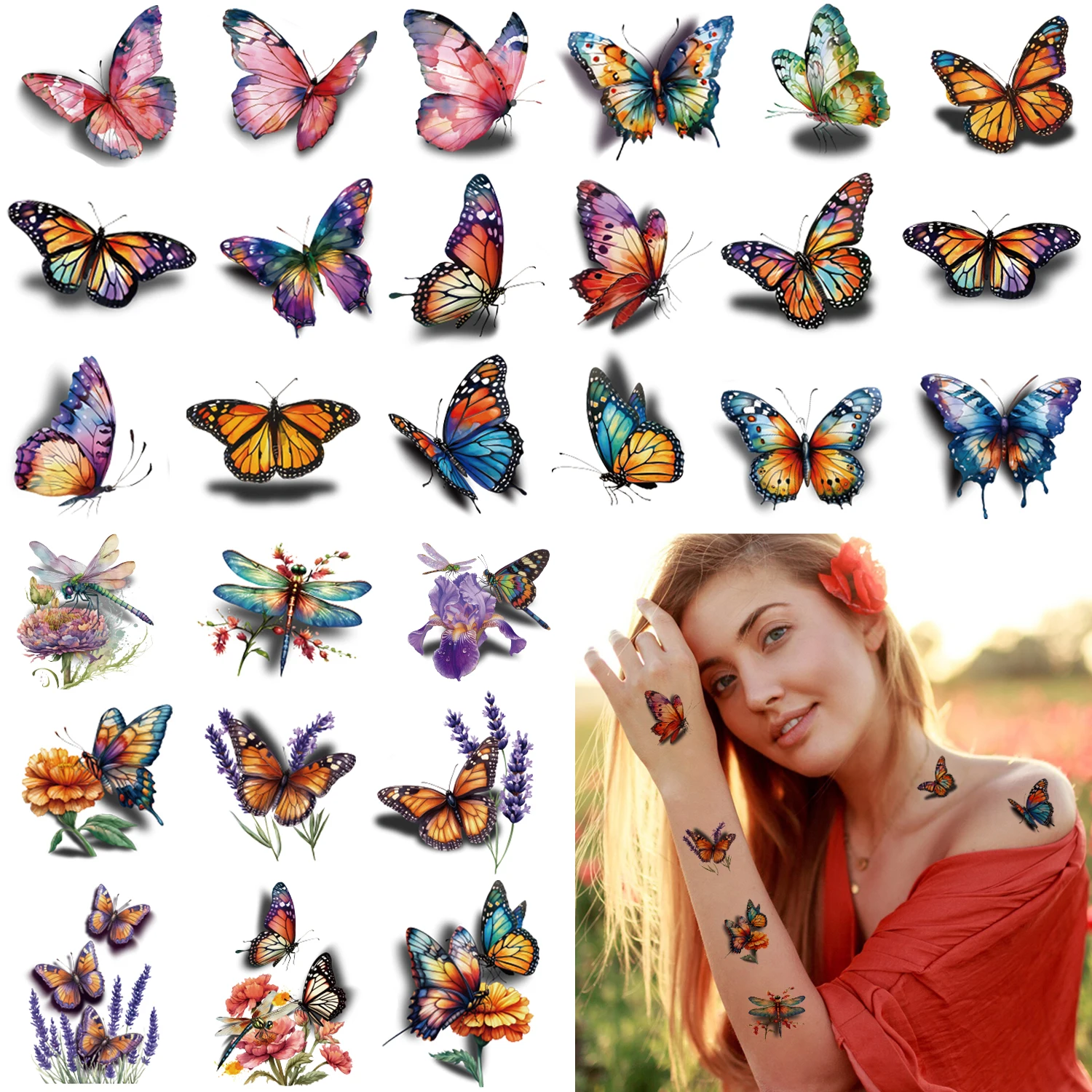 

10 Sheets 3D Butterflies and Flowers Temporary Stickers Tattoo, Colorful Body Art Tattoos for Women
