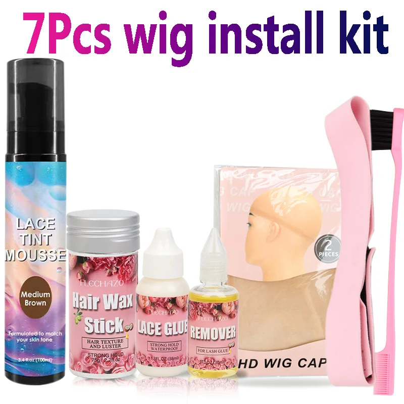 Lace Front Glue Wig Install Kit 7Pcs Lace Tint Mousse Strong Hold Lace Wig Glue And Remover Wig Bands Hair Wax Stick Hd Wig Cap