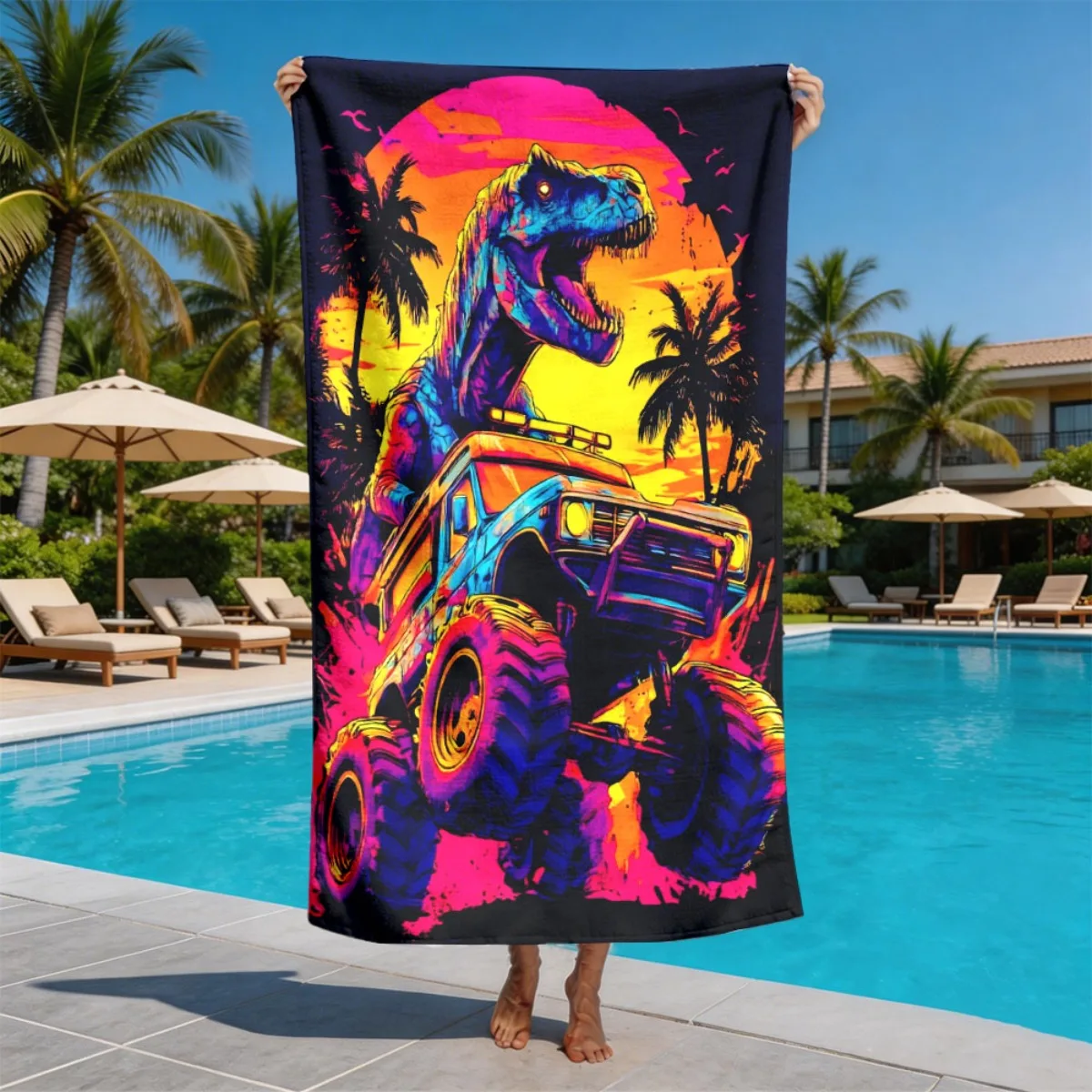 Tyrannosaurus Rex Off-road Vehicle Theme polyester microfiber beach towel is highly absorbent, suitable for swimming and beach