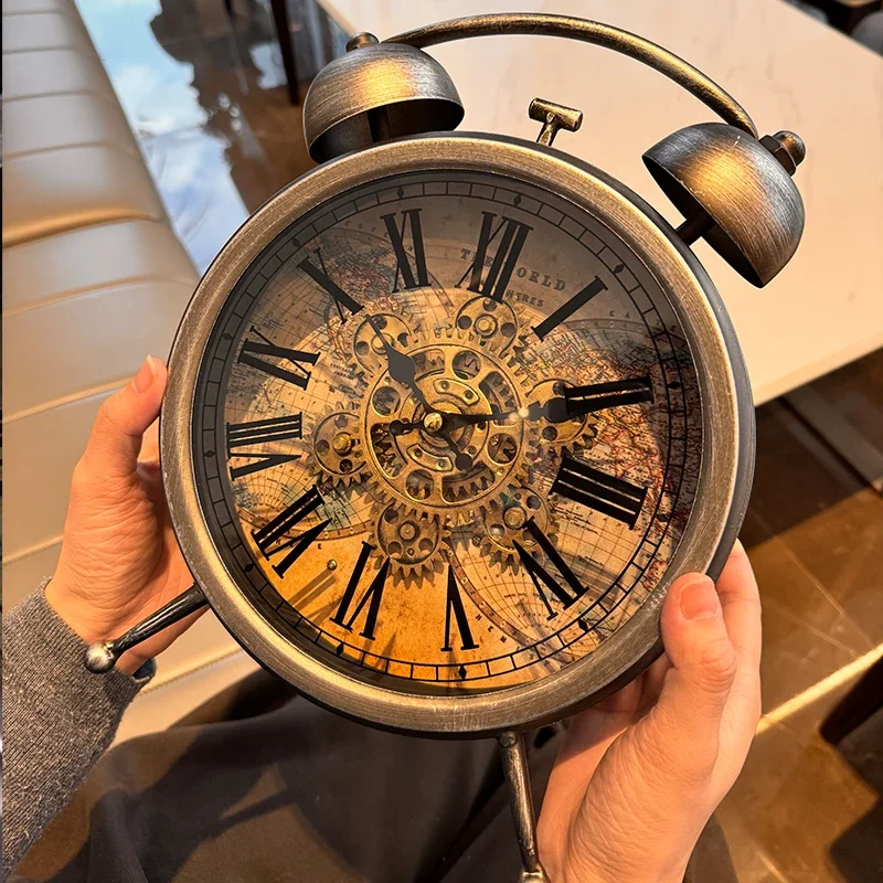American-style vintage gear-driven large table clock antique decorative alarm clock home office living room Desk Decoration