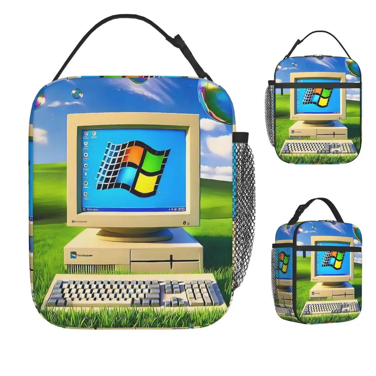 Frutiger Aero Windows 98 حقيبة غداء للكمبيوتر Kawaii صندوق الغداء للفتيات مكتب حقيبة للحفاظ على البرودة المحمولة طباعة حقائب اليد الحرارية #1