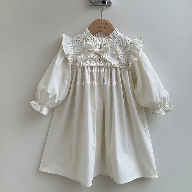 2024 New Spring European American Style Baby Girl Party Dress Long Sleeved Cotton Lace Splicing Kids Princess Dresses