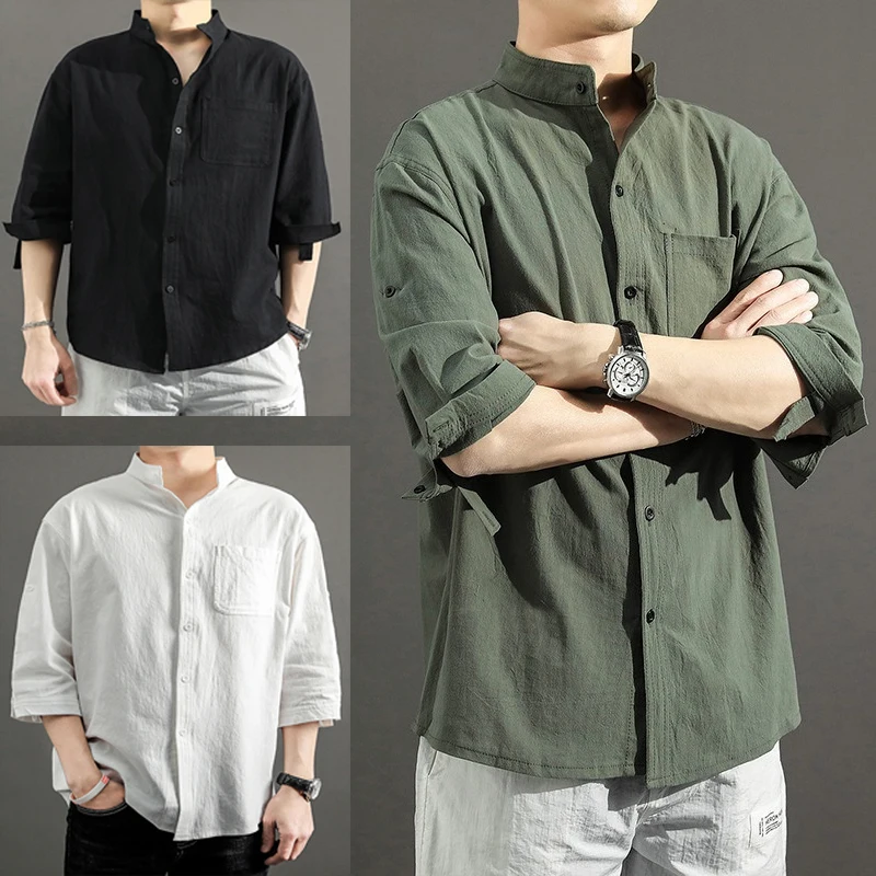 

2025 Summer Men's Cotton Linen Shirt 3/4 Sleeves Lightweight Loose Fit Stand Collar Casual