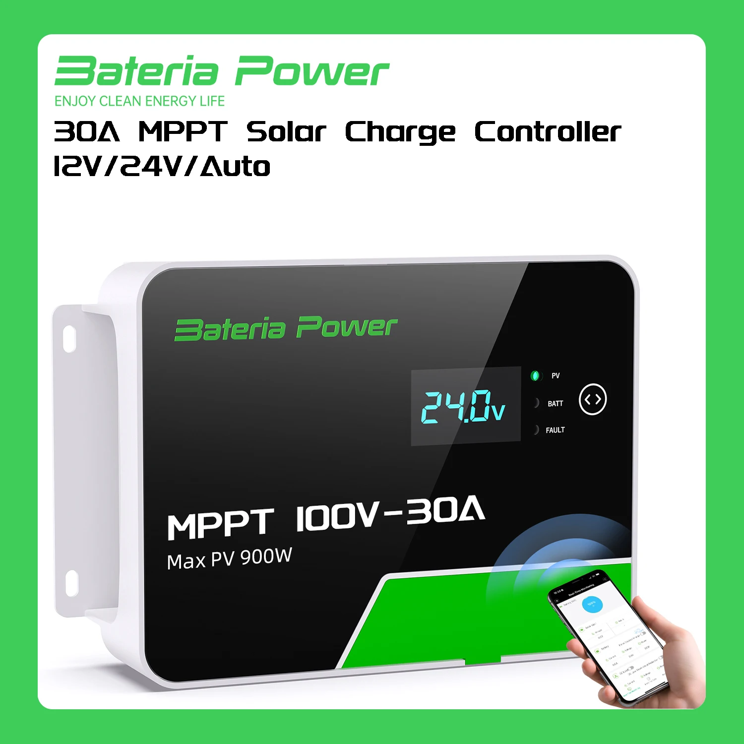 30A MPPT Solar Charge Controller 12V/24V/Auto, Bateria Power Max PV 900W 100Voc DC Input Built-in BT APP