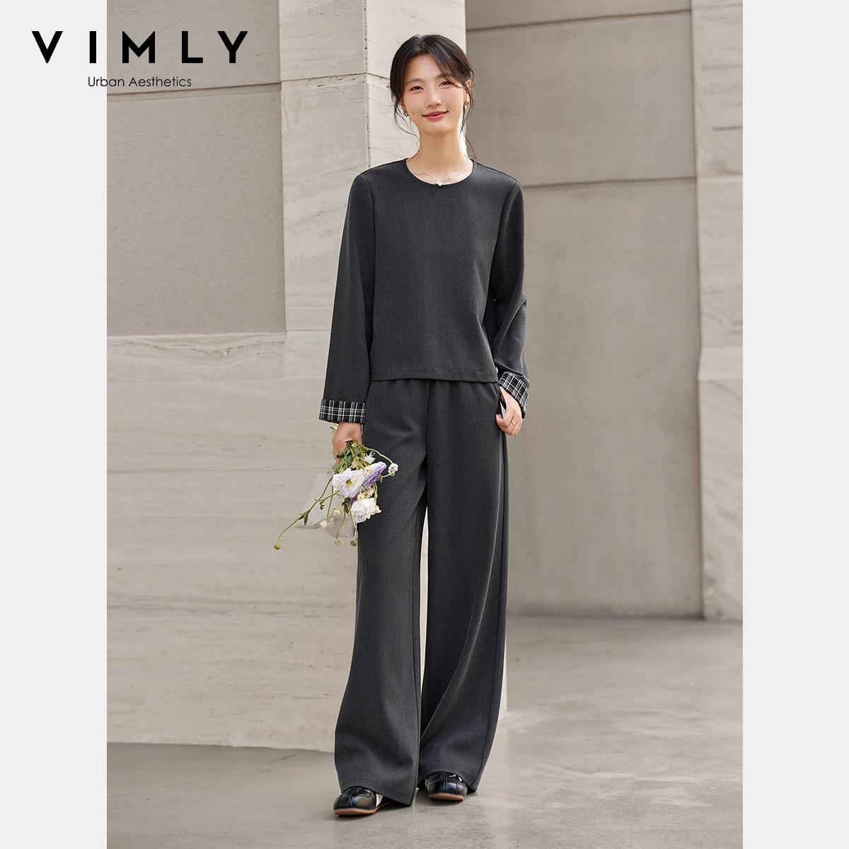 

Серые брюки VIMLY, женские комплекты из 2 предметов, элегантный осенний комплект 2025, клетчатые футболки с длинными рукавами и круглым вырезом, широкие брюки, женский костюм, комплект A2578
