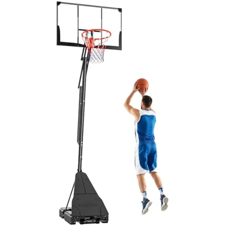 Outdoor portable basketball hoop for driveway backyard indoor use, polycarbonate backboard, black with red accents, shatterproo