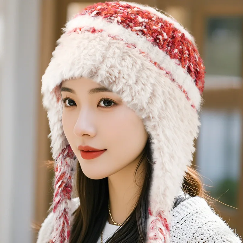 

Autumn Winter Women's Warm Knitted Beanie Ethnic Striped Splicing Thick Ear Protection Wool Hat