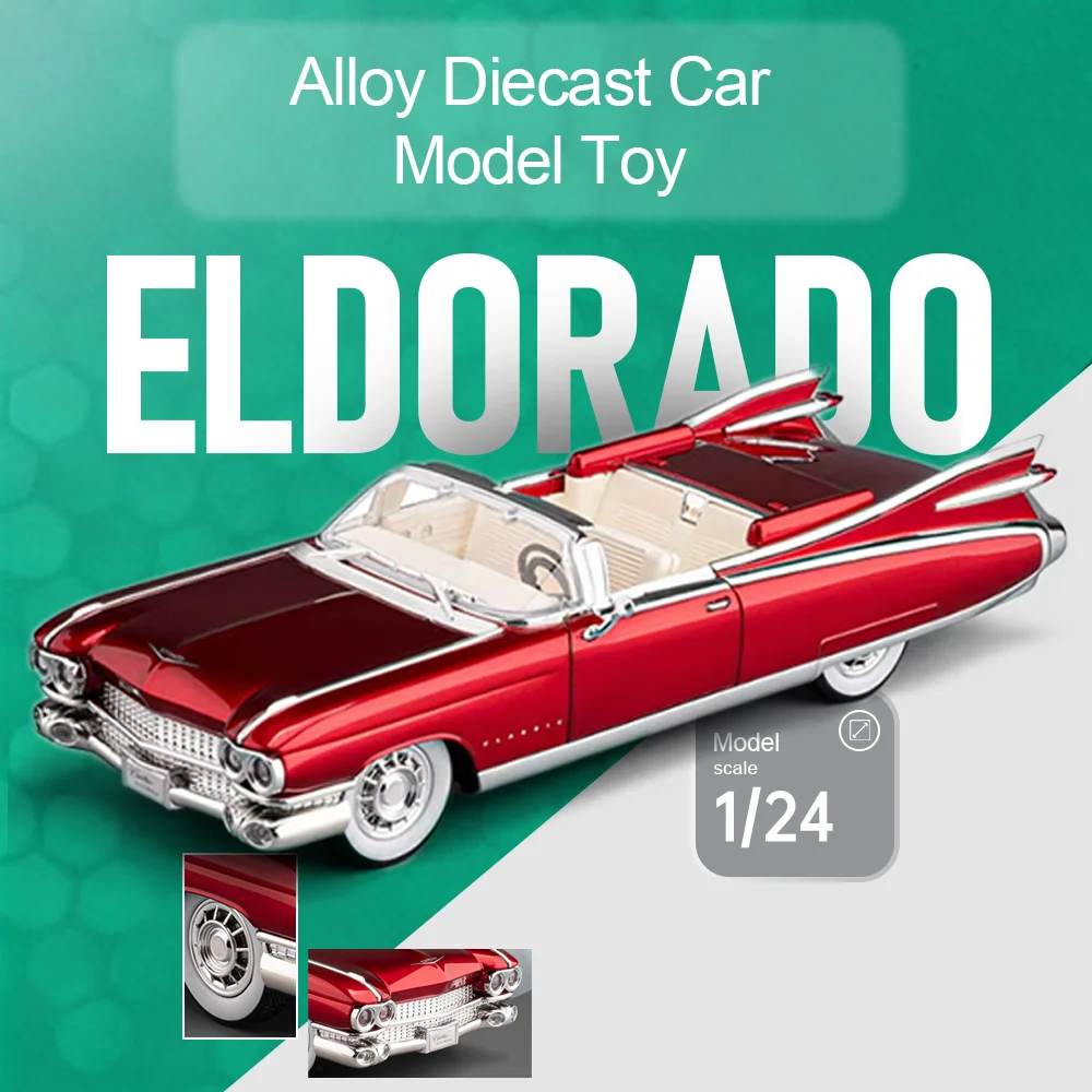 

1:24 Eldorado 500K Vintage Car Diecast Miniature Model Alloy Toys with Sound Light Doors Opend Pull Back Vehices Gifts for Child