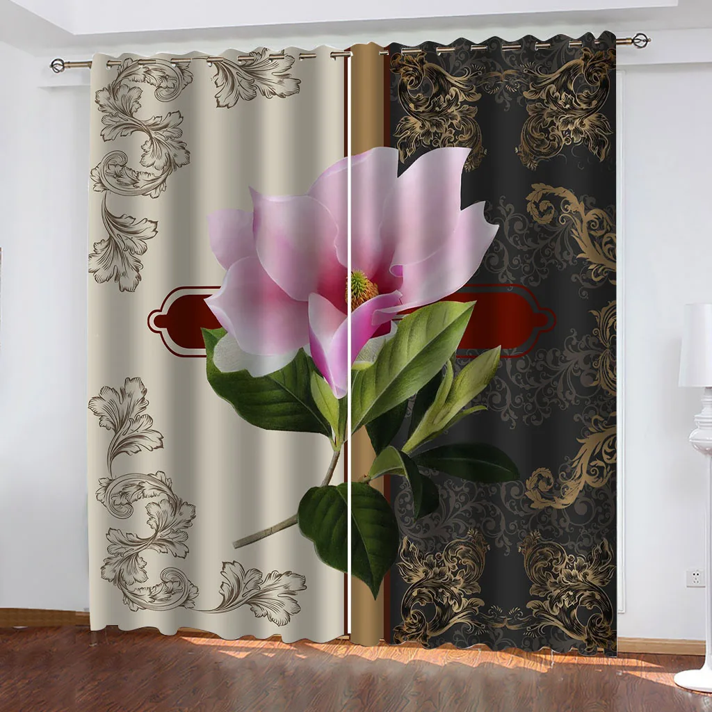 

HUANZHUANG Bedroom Curtains 2 Pieces Creative Pink Flowers Gorgeous European Printed Curtains, Study Living Room Dorm Window