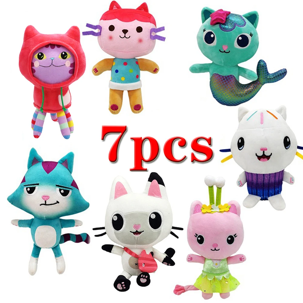 7pcs Gabby Dollhouse Plush Toy Mercat Cartoon Stuffed Animals Smiling Cat Car Cat Hug Gaby Girl Dolls Kids Birthday Gifts Fans