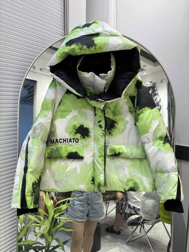 Piumino da strada alla moda Abbigliamento invernale da donna 2025 Nuovo vintage Y2k stampato con cappuccio sciolto piumino d'anatra bianca Abbigliamento esterno