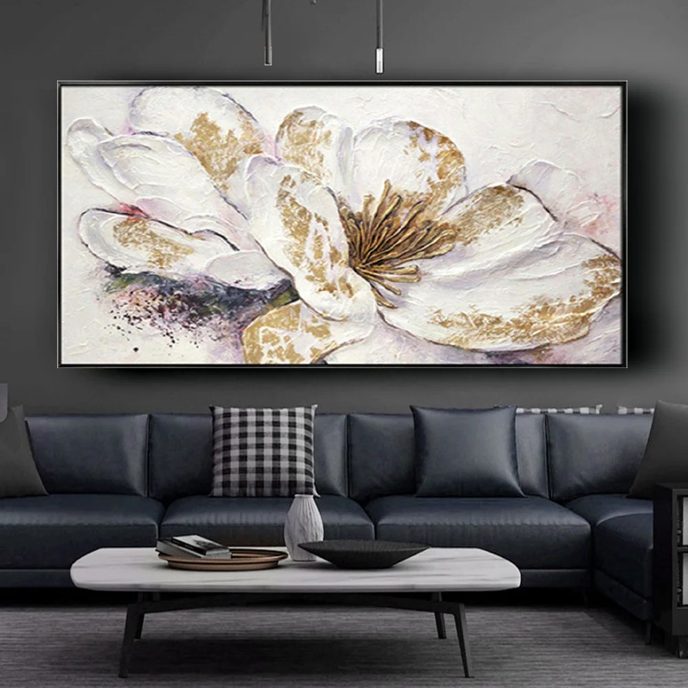 Hand-Painted White Gold Foil Depicting Petal Pattern Abstract Flower Canvas Oil Painting Minimalist Wall Art Pictures Decor Home