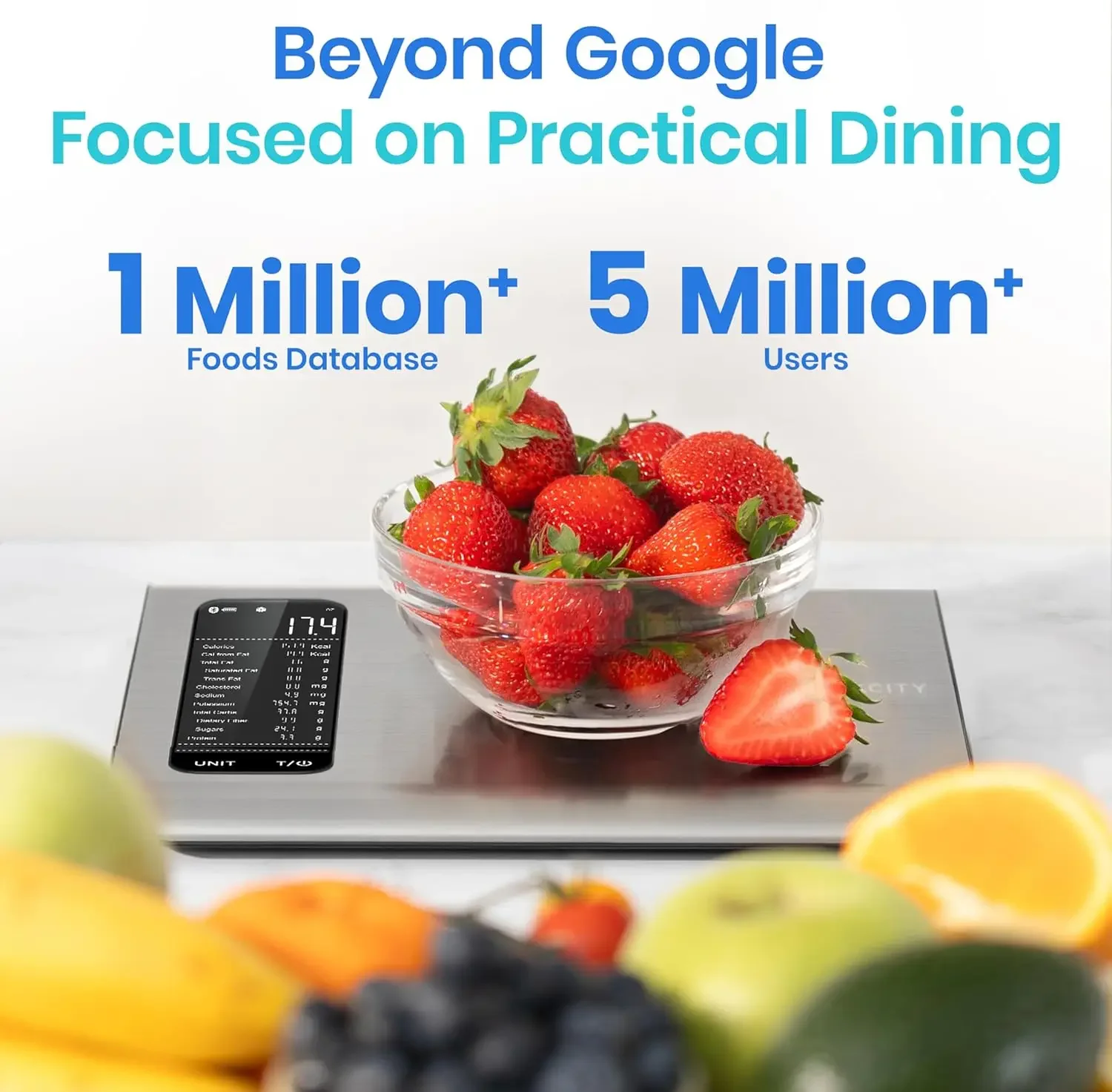 ميزان المطبخ الذكي للطعام مع آلة حاسبة غذائية، تطبيق مجاني مع 19 تتبع مغذيًا، السعرات الحرارية، ماركو، جرام رقمي و