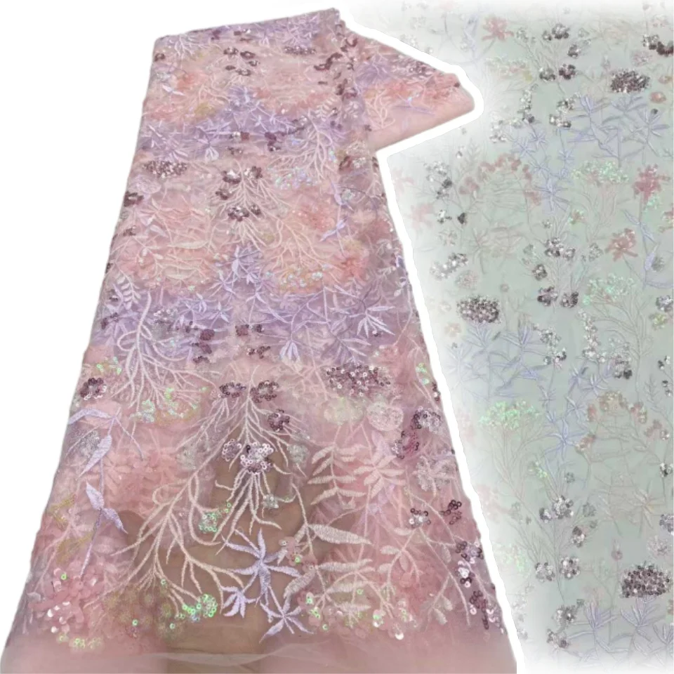 

African Tulle Lace Fabric 2025 French Sequins Fabric Sewing Embroidery Lace Tulle Mesh Nigeria Dress 5 Yards Dress Sewing TP1659
