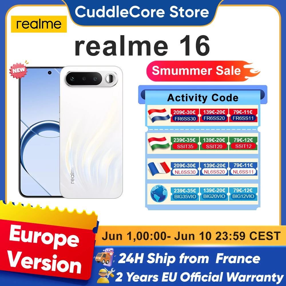 Smartphone realme 16 5G Version Europe 2026 Nouveau Batterie Titan 6550 mAh Charge Rapide 45W IP69