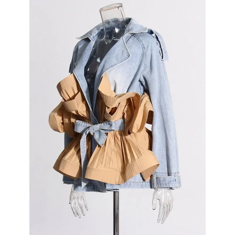 chwork Ruffled Casual Denim Jacket, Women's V-neck Long Sleeve Patchwork, Belted Peplum Coat Fall 2024 خواتین کا فیشن