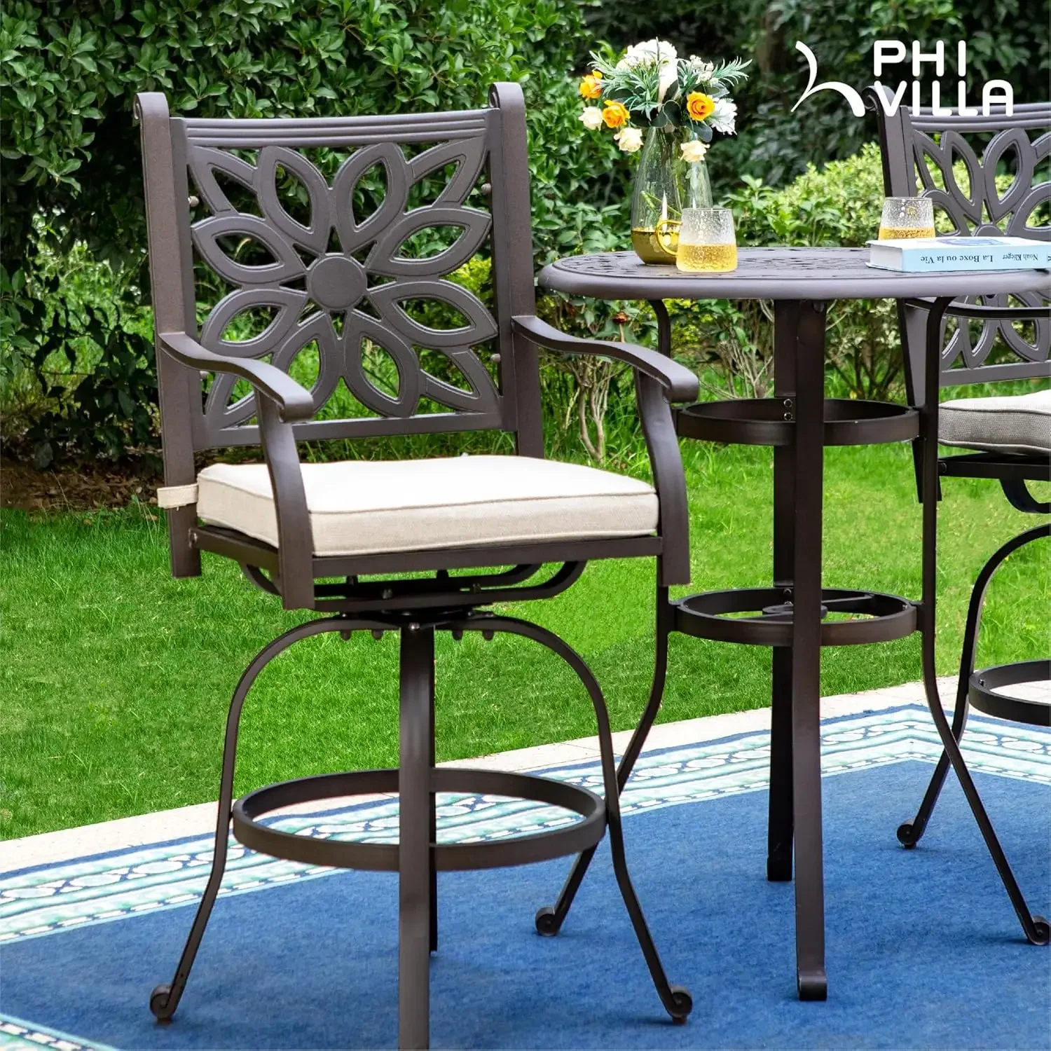 PHI VILLA Patio Furniture Set, Brown 3Pcs Cast Aluminum High Top Table and Swivel Bar Stools with Cushion