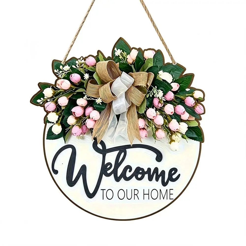 Durable 2D Flat Wooden Door Sign Solid Wood Floral Pattern Door Wreath Bow Pattern Round Doorplate Spring Summer Decor