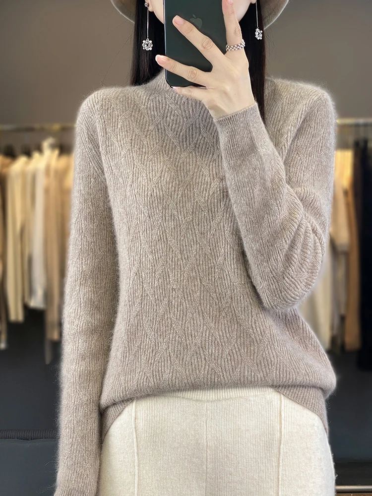 2023 New Women Sweater Autumn Winter Mock Neck Long Sleeve Pullover 100% Merino Wool Twist Basic Cashmere Knitted Female Clothes