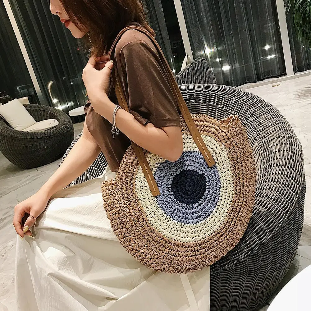 Summer Handmade Woven Beach Underarm Bags Women\'s Large Capacity Tote Bag Ethnic Style Round Straw Weaving Fashion Shoulder Bags