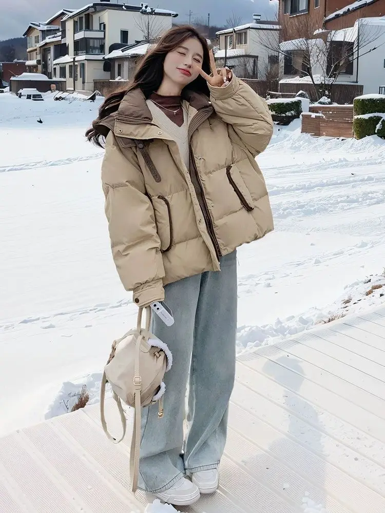 

Winter Fashion Small Size Collision Color Design Polo Collar Zipper Women's Short Thickened Cotton Jacket Bread Style Outerwear