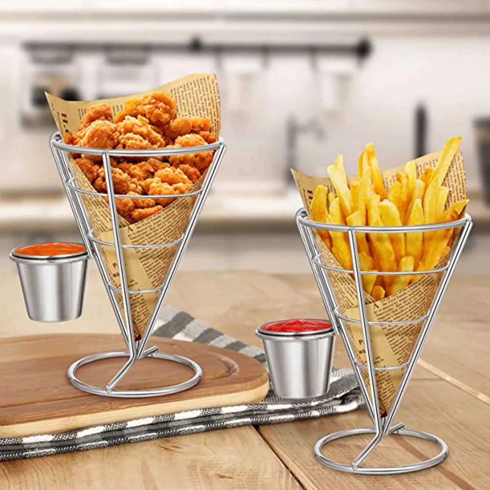 

2Pcs French Fries Basket Stylish Compact Fries Holder with Sauce Dippers Elegant Appetizer Serving Basket for Hotel Snack