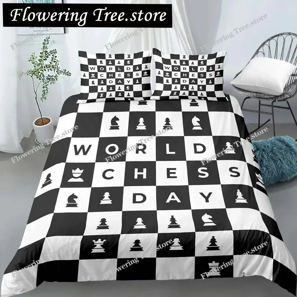 

International Chess King Queen Duvet Cover Chess Board Bedding Set Black White Grid Quilt Cover Plaid Polyester Comforter Cover0