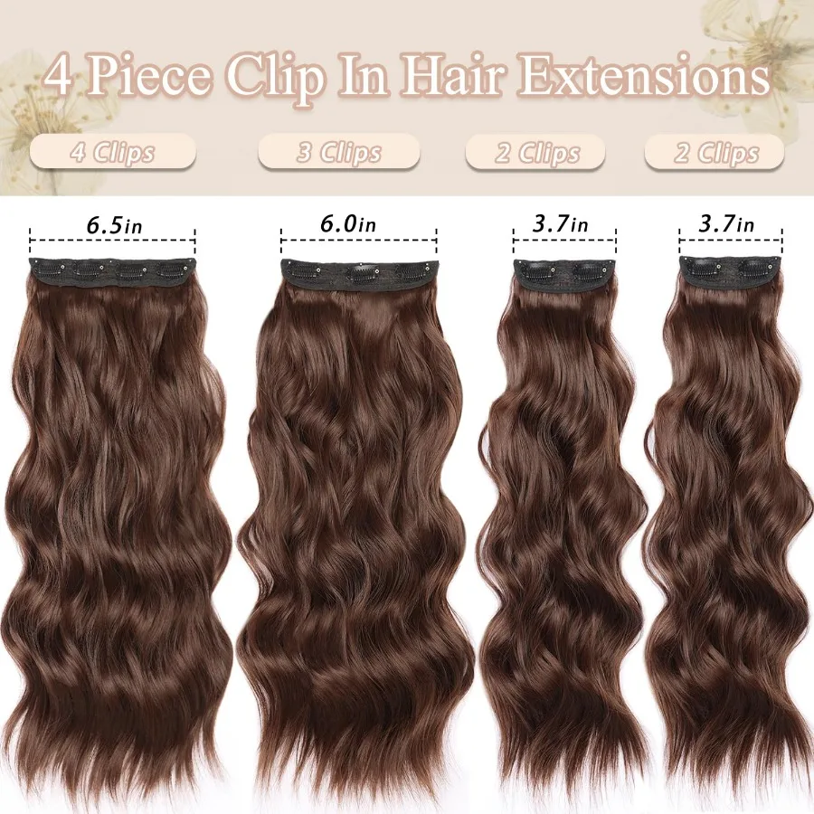 وصلات شعر صناعية مموجة بنية 22 بوصة مع 4 قطع مشابك سميكة مجعدة للنساء مثالية للارتداء اليومي مناسبة خاصة