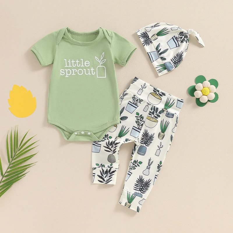 Newborn Baby Boy Girl Summer Outfit Short Sleeve Little Sprout Bodysuit Top and Plants Pants 3pcs Clothes Set