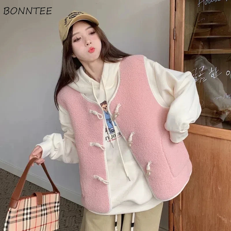 

Vests Women Thicker Autumn Winter Keep Warm Outwear Button-up V-neck Coats Sweet All-match Streetwear Chic Loose Casual Pockets