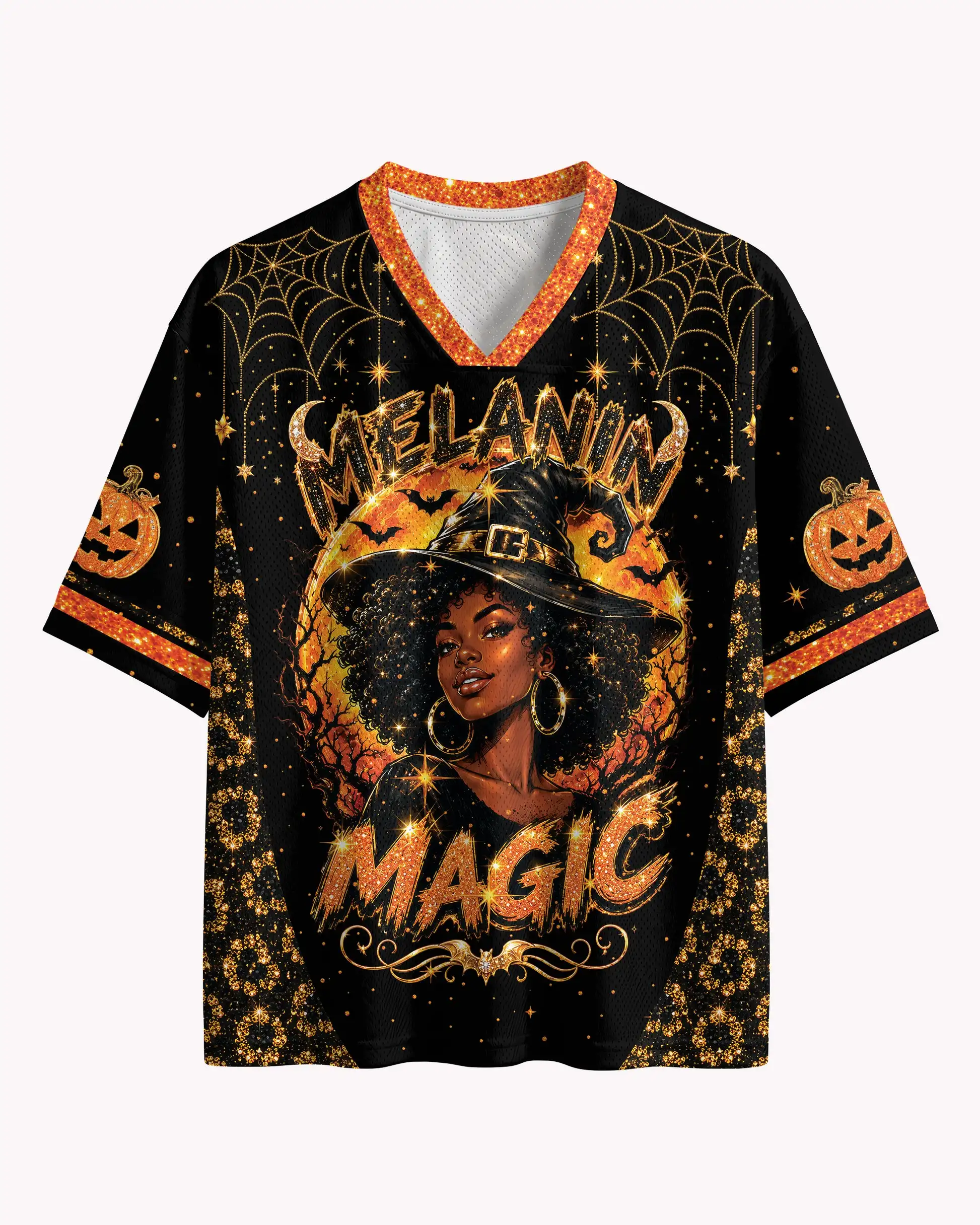 V-Neck Mesh Short Sleeve Top, Melanin Magic Halloween Pumpkin Witch Spider Web Graphic Print Casual Shirt