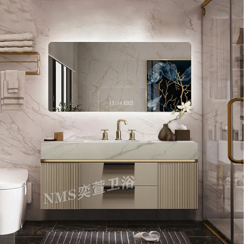 

Light Luxury Slate Integrated Basin Bathroom Cabinet Double Washbasin Combination Toilet Washbasin Modern Simple Oak Smart