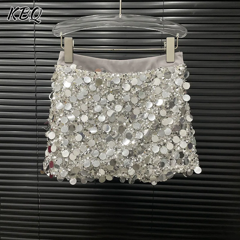 

KBQ Elegant Chic Spliced Sequins Chic A Line Skirts for Women High Waist Temperament Design Sense Short Skirt Female Fashion New