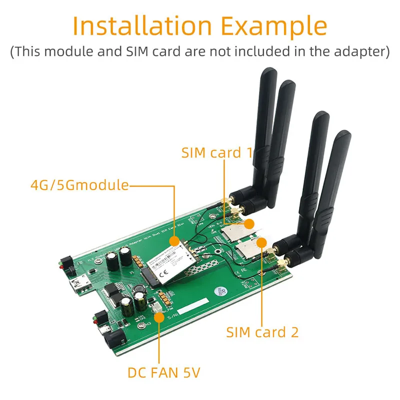 M.2 NGFF โมดูล B สำหรับ USB3.0 3G/4G/5G อะแดปเตอร์เครือข่ายไรเซอร์บอร์ดสองซิมช่องเสียบบัตร DC / TYPE-C ไฟเสริม W/4เสาอากาศ