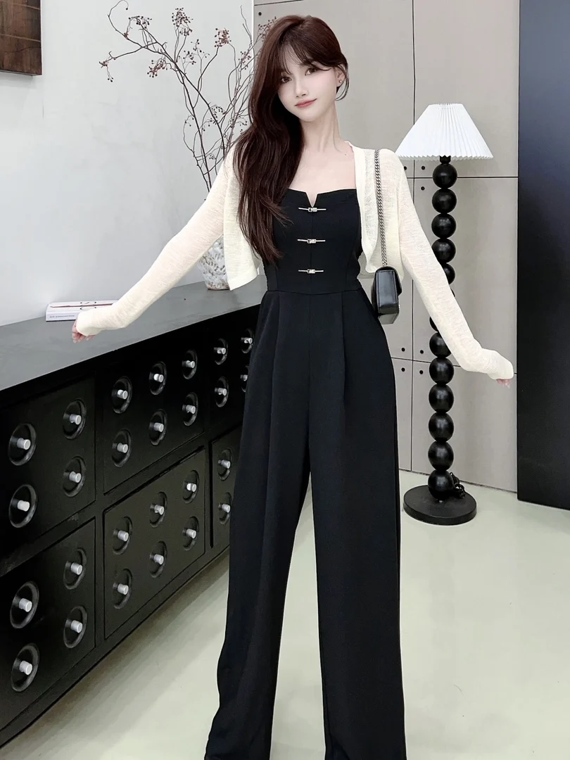 Summer Women's Loose Long Sleeve Open Cardigan Sun Protection Top with Wide Leg Strap Pants Two Piece Set Fashionable Trendy