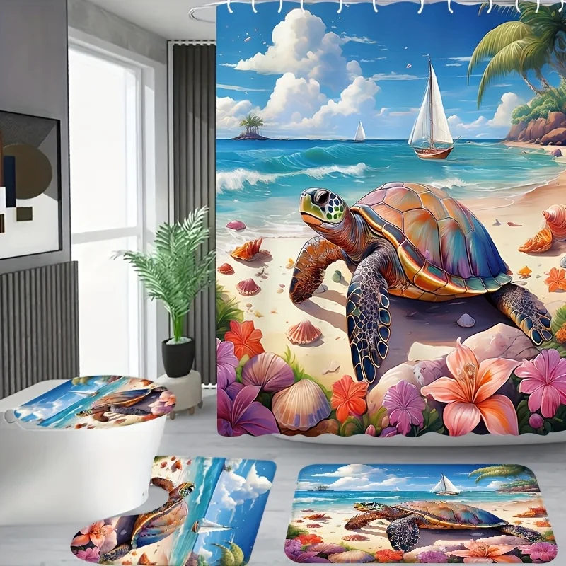 

4pcs, Flower Beds, Colorful Turtles and Sandy Beach Pattern, Apartment Bathroom, Shower Room Shower Curtain, Hotel Shower