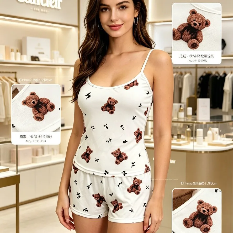 

Cute Bear Cartoon Print Sleepwear Set Women's Summer Home Clothes 2-Piece Comfortable Breathable Fiber Fabric Nightgown