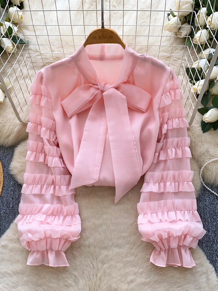 

Women's Blouse French Style Bow Tie Fungus Edge Long Sleeved Mesh Shirt Loose Casual Base Shirt Blusa Female Tops BL308